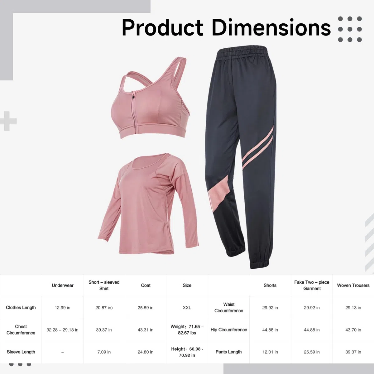 Conjunto de ropa deportiva de 3 piezas para mujer XXL, incluye manga larga, camiseta sin mangas y pantalones, tela elástica transpirable, se adapta a cuerpos de 45-75 kg, 155-180 cm, rosa, Talla única