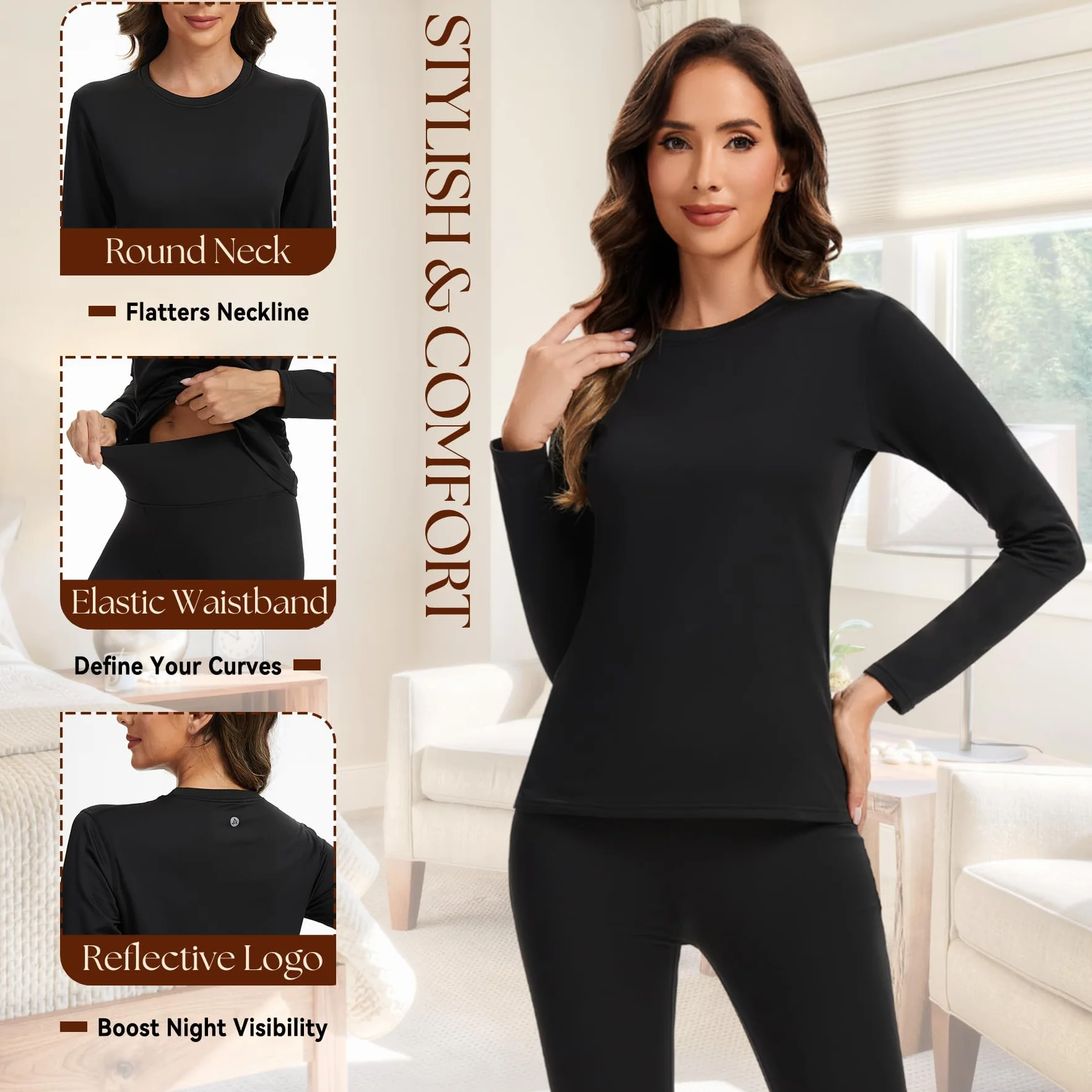 AMZSPORT Ropa Interior Térmica para Mujer - Conjunto de Invierno con Camiseta de Larga Manga y Pantalones, Funcional y Transpirable para Esquí