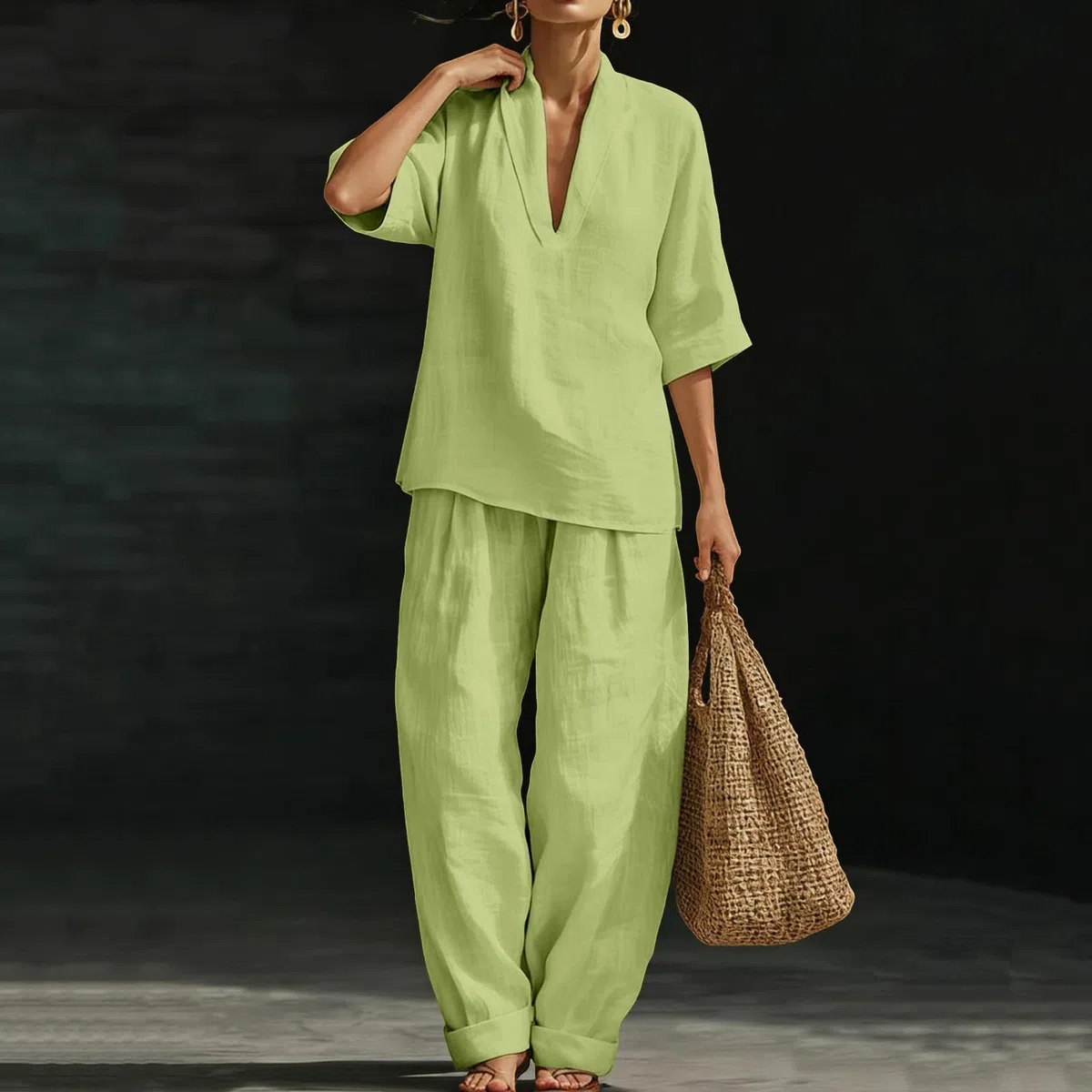 Conjunto Mujer Dos Piezas Verano Casual Elegante Lino Y Algodón Chandal Completo Camisa Y Pantalon Holgado Conjunto Deportivo Cintura Alta Ropa Deportiva Talla Grande Diarios Casa Playa Vacaciones