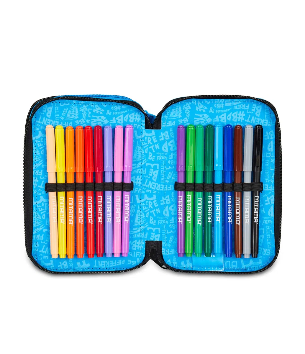 Mitama Estuche Escolar con 3 Compartimentos, Triple Cyberplay, Contenido 47 Piezas, Completo de lápices, rotuladores, portalápices Escuela Primaria niño, Negro, Moderno