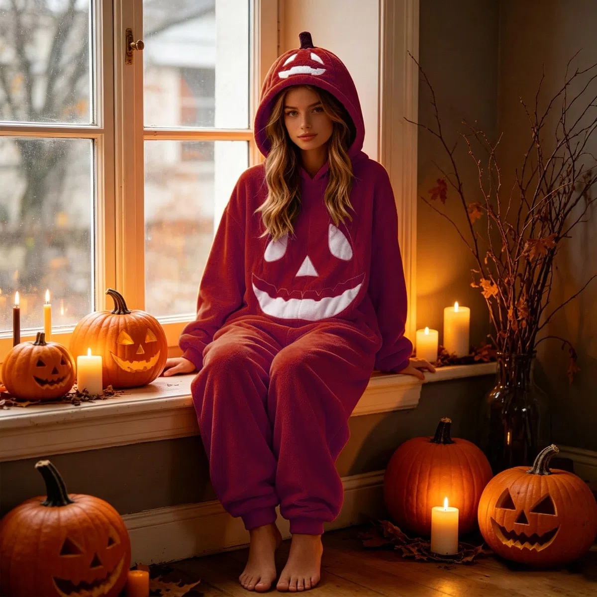 Genérico Pijama Unisex de Felpa para Adultos, Pumpkin Adult Onesie, Disfraz de Mono de una Pieza para Halloween, Traje de Cosplay para Mujeres y Hombres, Unisex, Cosplay, Ropa para Estar por casa