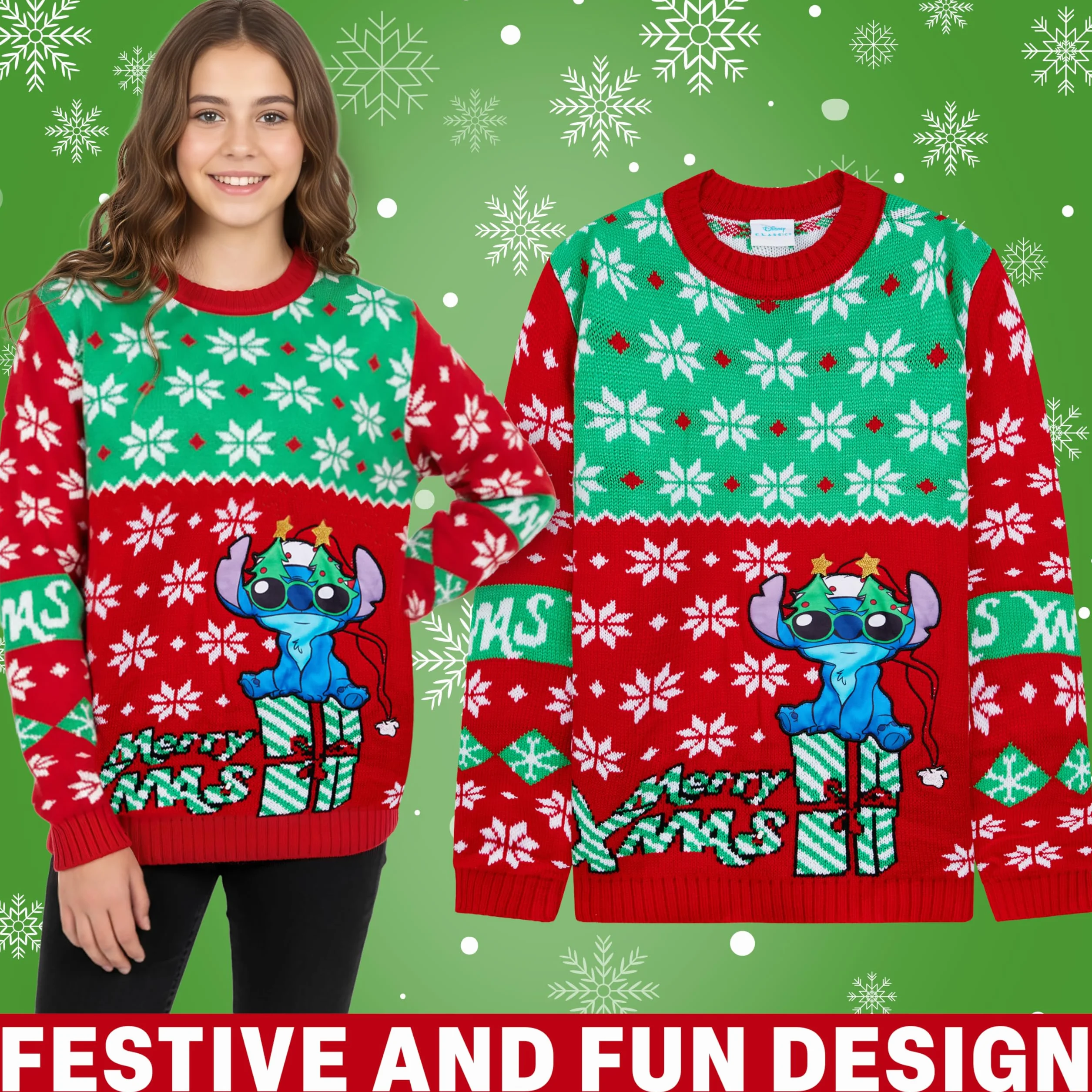 Disney Stitch Jersey de Navidad para Niñas, Suéter con Cuello Redondo