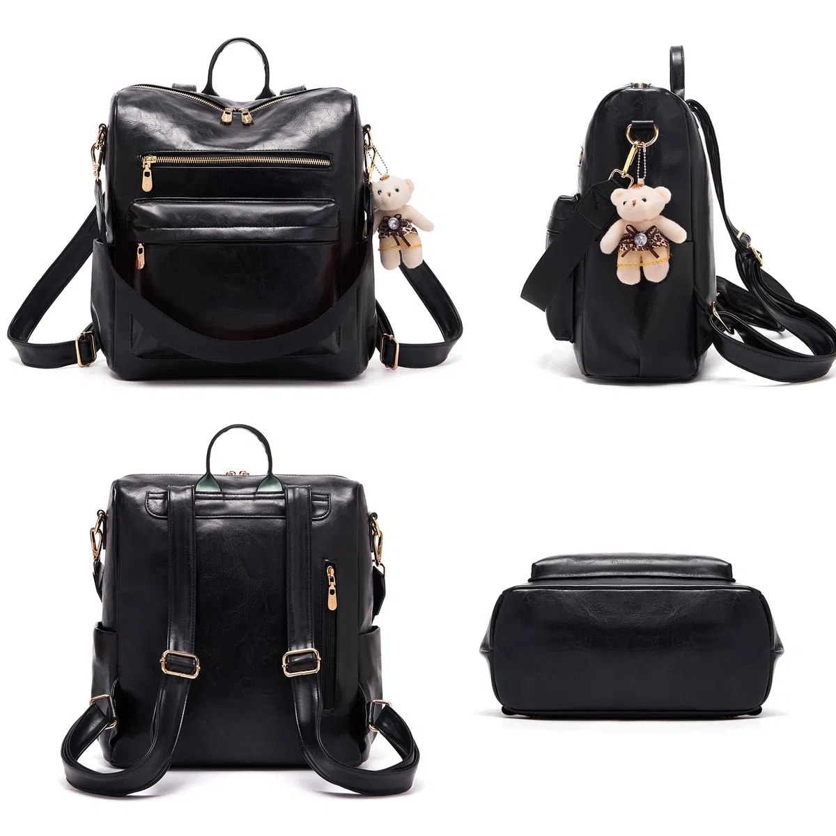 Mochila de moda para mujer, bolsos de diseño multiusos, bolso de hombro de cuero de la PU de viaje, cartera de 2 piezas, Negro, Mochilas Tote