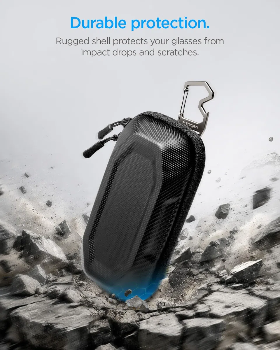 Spigen LIFE Lock Fit Funda para Gafas de Sol Resistente, Estuche Protector Rígido de EVA con Mosquetón Abrebotellas - Negro