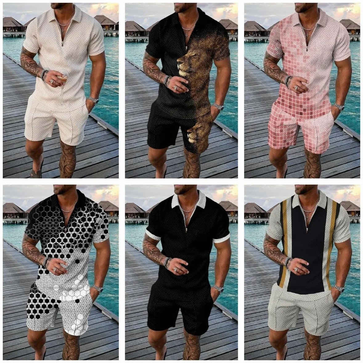 Conjunto corto de 2 piezas para hombre, camisa polo, conjunto casual de verano de manga corta y pantalones cortos para hombre