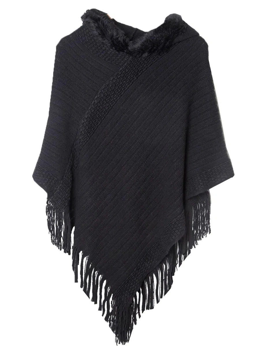 JFAN Poncho Mujer Invierno Otoño Poncho y Capa Punto para Mujer Pompón Gorro Poncho de Punto Flecos Felpa con Capucha