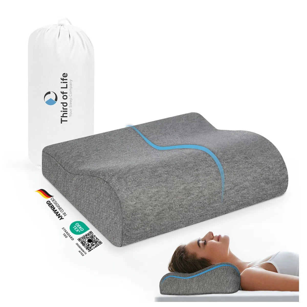 Almohada de viaje ONDA, almohada cervical espuma de memoria, cojín ergonómico contra el dolor de cuello, almohada viscoelástica antiácaros. Cojín pequeño para avión, coche, tren y camping