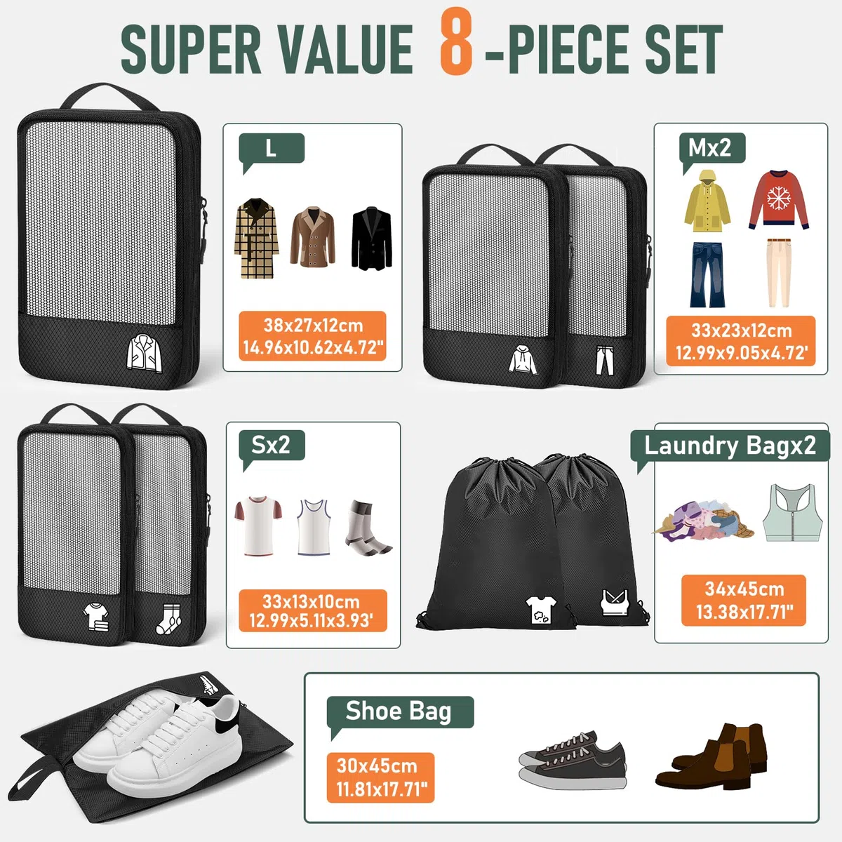 Packing Cubes Compression Organizador Maleta 8 Piezas, Bolsas Viaje Organizador Travel Essentials Negro