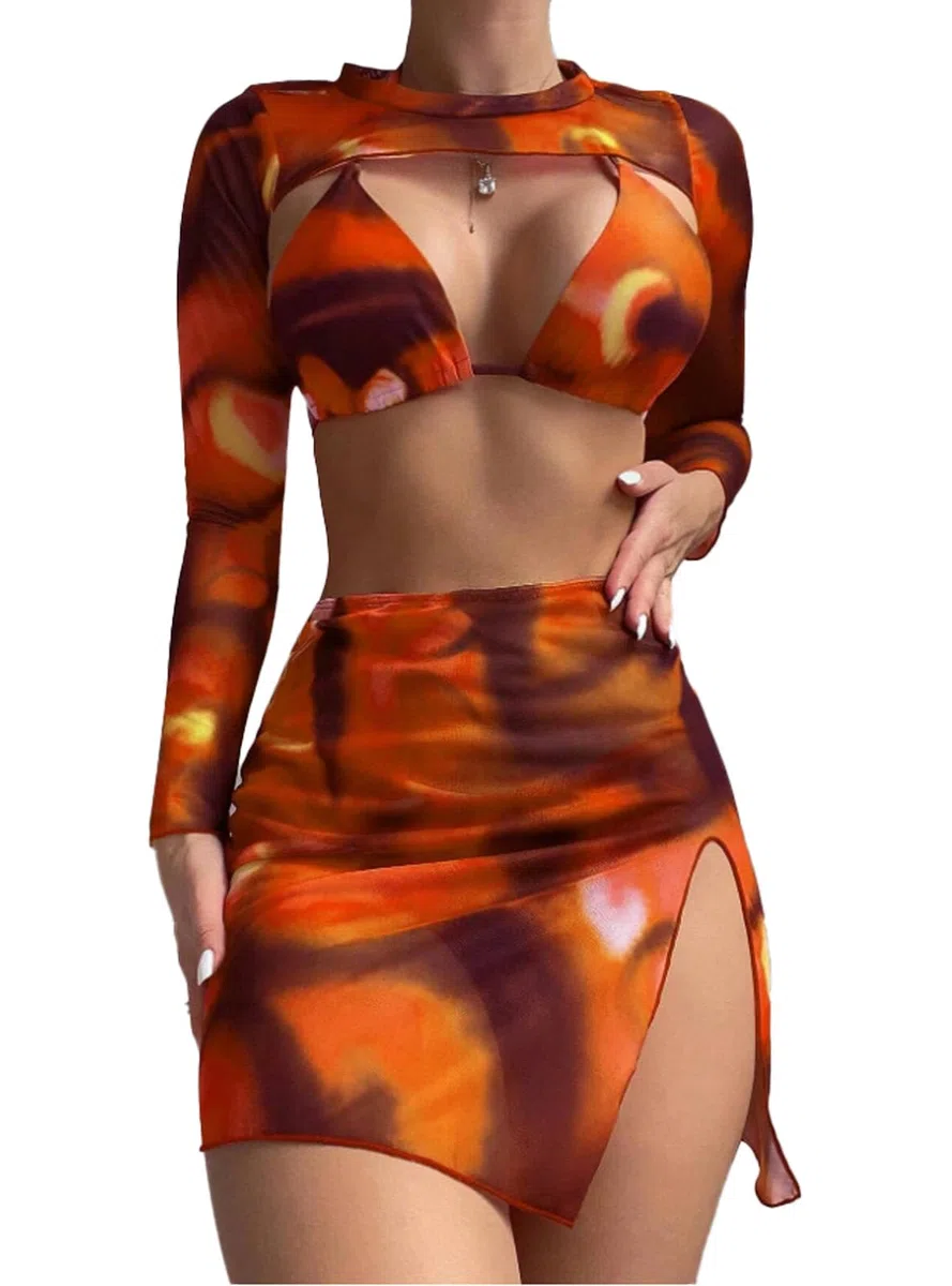 Conjunto de bikini de 4 piezas, traje de baño de corte alto, trajes de baño sexys con parte superior de manga larga y falda