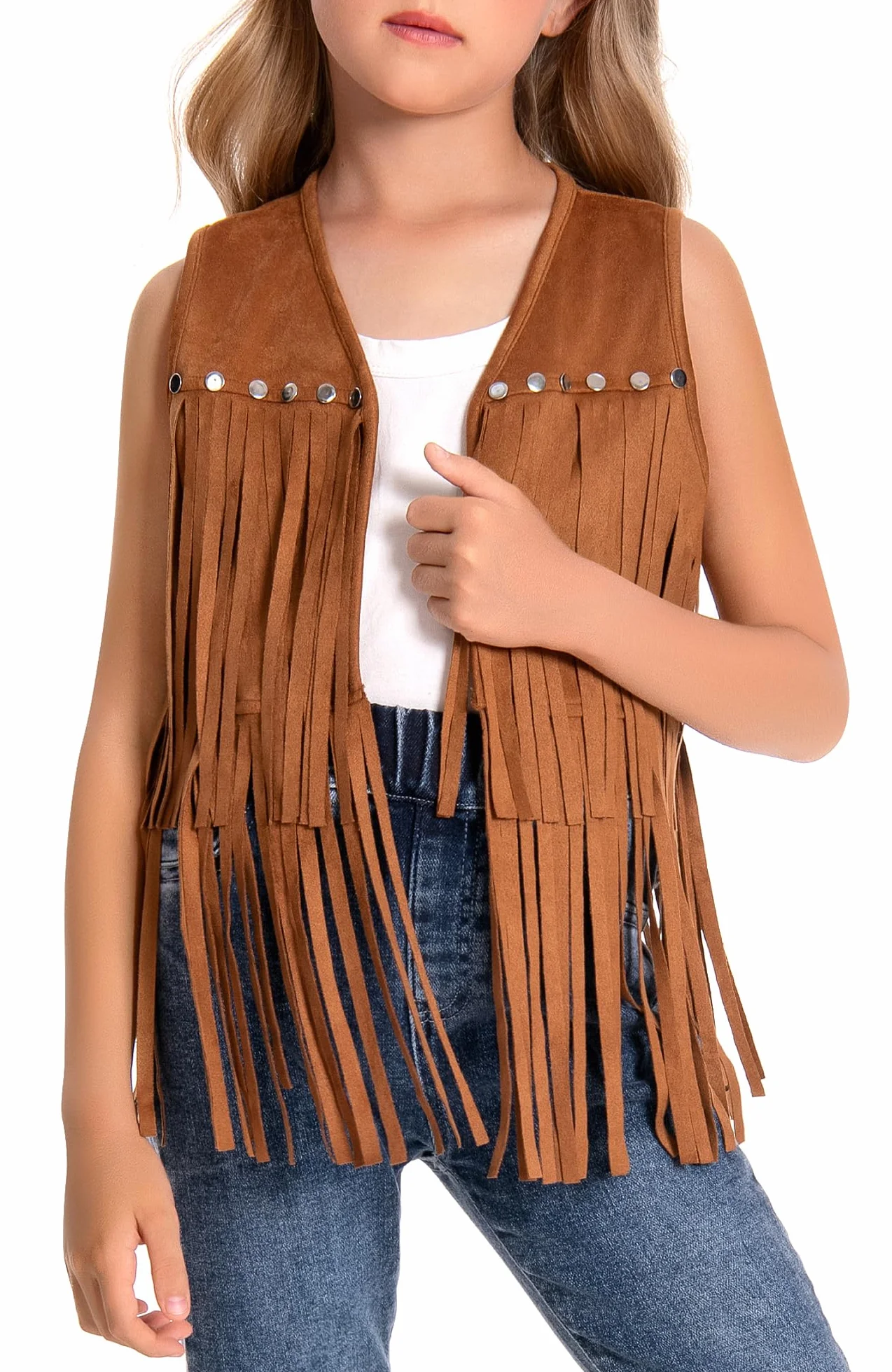 SEAUR - Chaleco con flecos para niña hippie chaleco vaquera occidental con remaches sin mangas de piel sintética ropa estilo años 60-70 niños 5-6 años