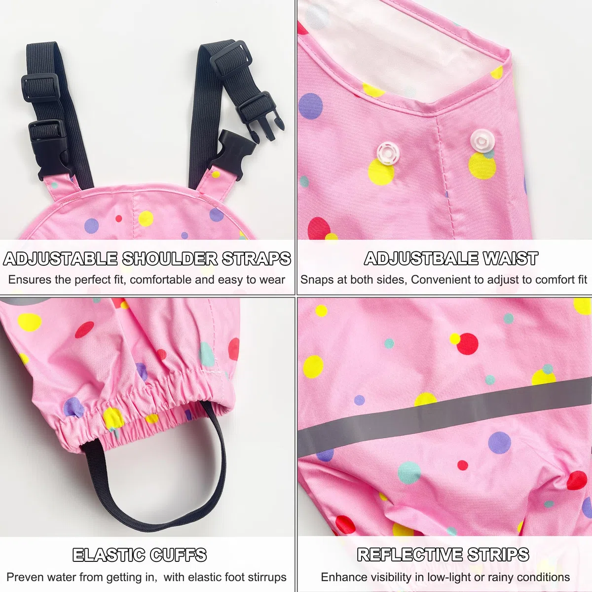 Fewlby Pantalon Impermeable Niñas, Pantalones Barro Peto de Lluvia Niños Mono Impermeable con Tiras Reflectantes Chubasquero Outdoor Traje Impermeable