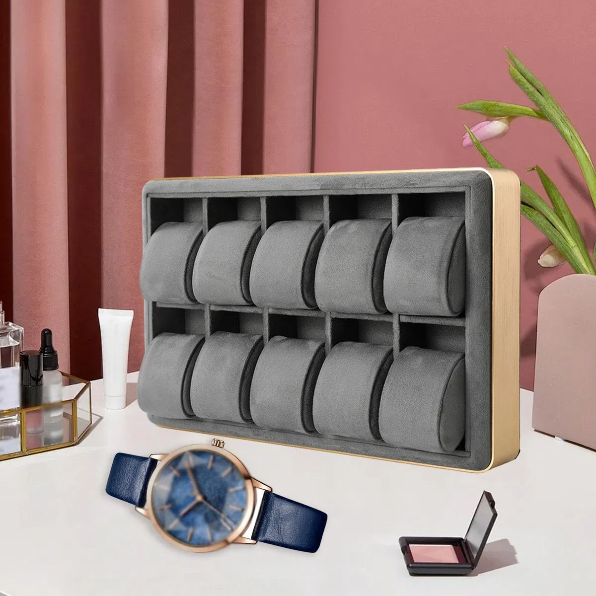 Bandeja para Relojes Y Joyas, con 10 Compartimentos, de Aleación de Aluminio. Organizador para Guardar Relojes Y Coleccionar, Ideal para El Hogar, Tan, Gris, universal