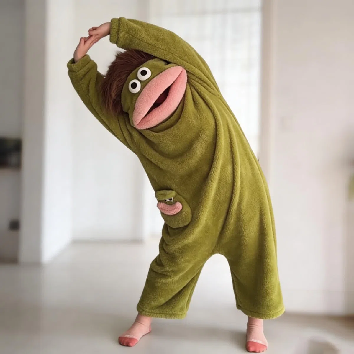 EHOTER Silly Onesie - Pijama unisex de felpa ultra suave con capucha de una pieza, color verde, divertido monstruo con capucha de boca grande, ropa de hogar para noches de cine, diversión familiar y
