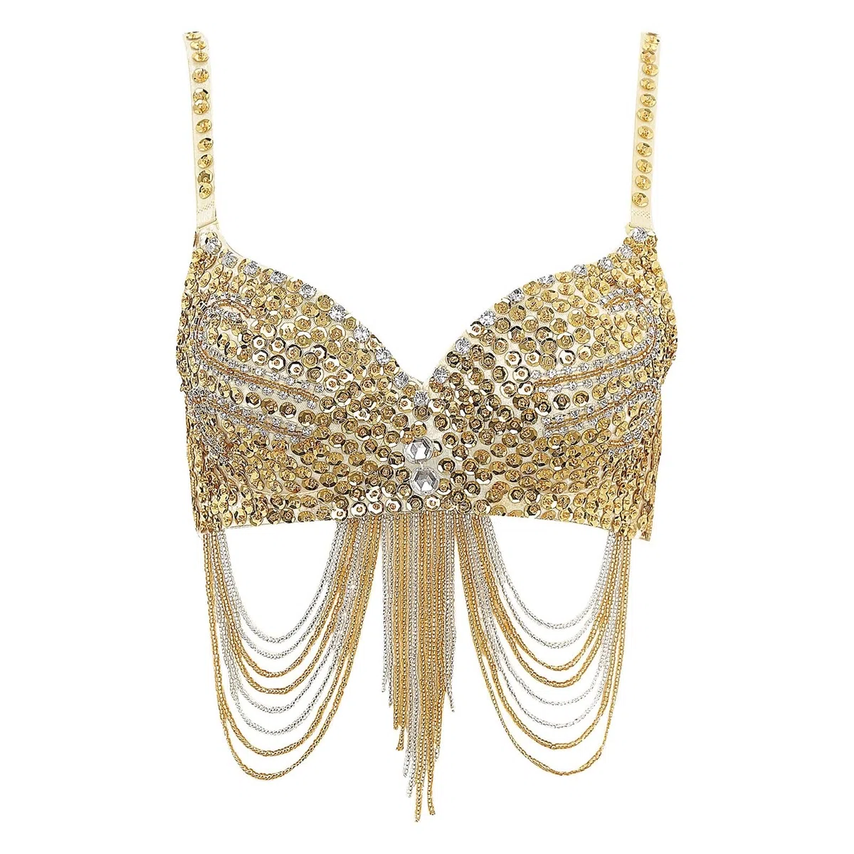 Push up Corsé Bustier Crop Top Top de danza del vientre for mujer, corsé brillante, top corto con flecos, lentejuelas y diamantes de imitación, sujetador de discoteca con tirantes finos, bustier con a