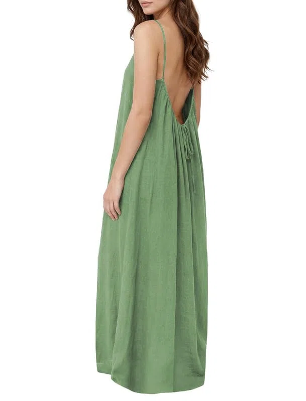 Vestido Mujer Verano Vestidos Casual con Espalda Descubierta Elegante Escote Redondo Vestido Largo de Tirantes Finos Sin Manga Ligero Fresco Bohemio Vestidos Amplio para Playa Vacaciones