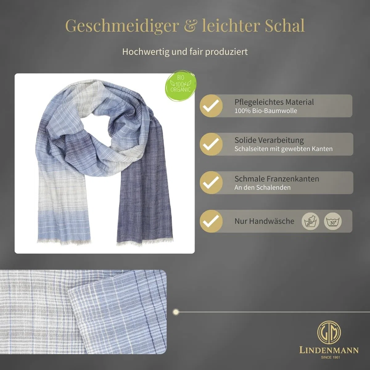 LINDENMANN Bufanda de hombre ligero 100% algodón orgánico azul, azul, Talla única