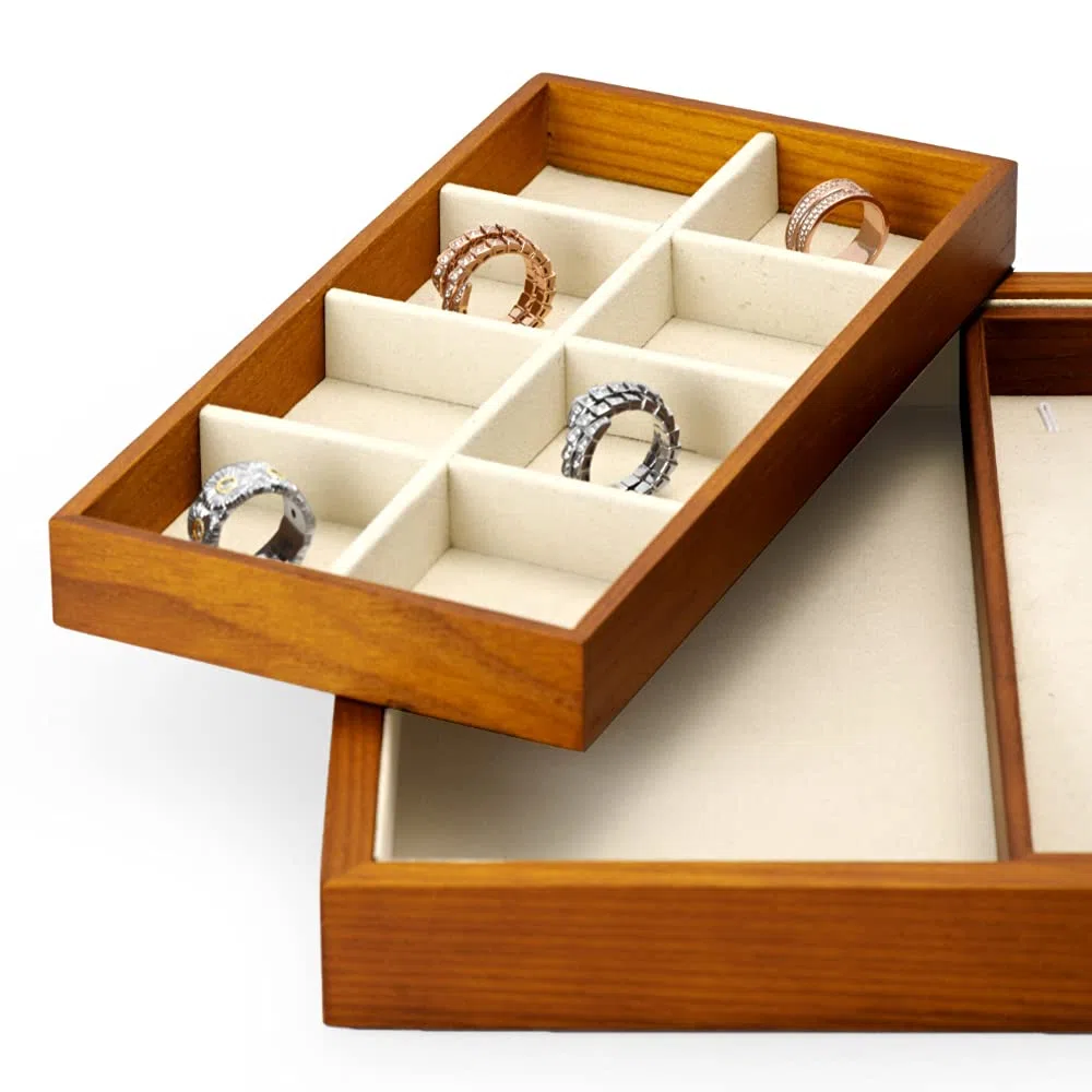 Oirlv Bandeja De Madera Apilable 4 En 1,Para Joyería Anillo Pendientes Pulsera Collar Bandeja Organizadora(Beige)