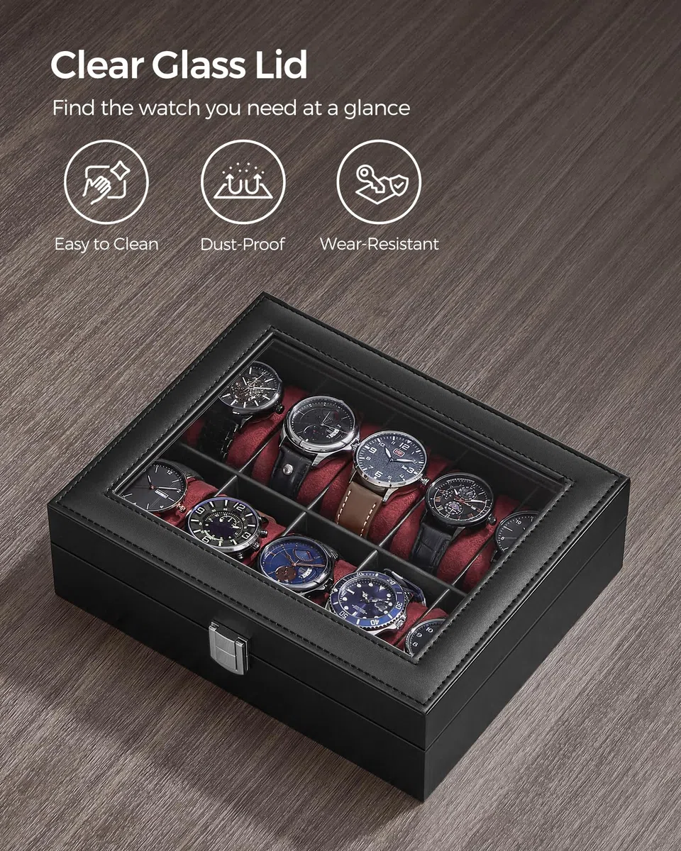 SONGMICS Caja de reloj, caja de reloj de 10 ranuras con tapa de cristal grande, almohadas de reloj extraíbles, organizador de caja de reloj, regalo para seres queridos, cuero sintético negro, forro