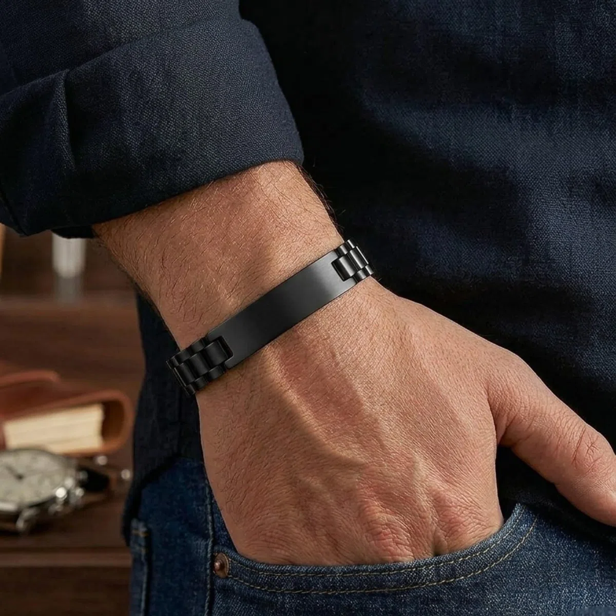 Pulsera Hombre Acero Inoxidable-Pulseras con Placa Grabable Personalizada-Grabado Personalizado Nombre Fecha-Regalo Pareja Aniversario Graduacion Cumpleaños (Negro/Oro/Plata/Bicolor/Azul)