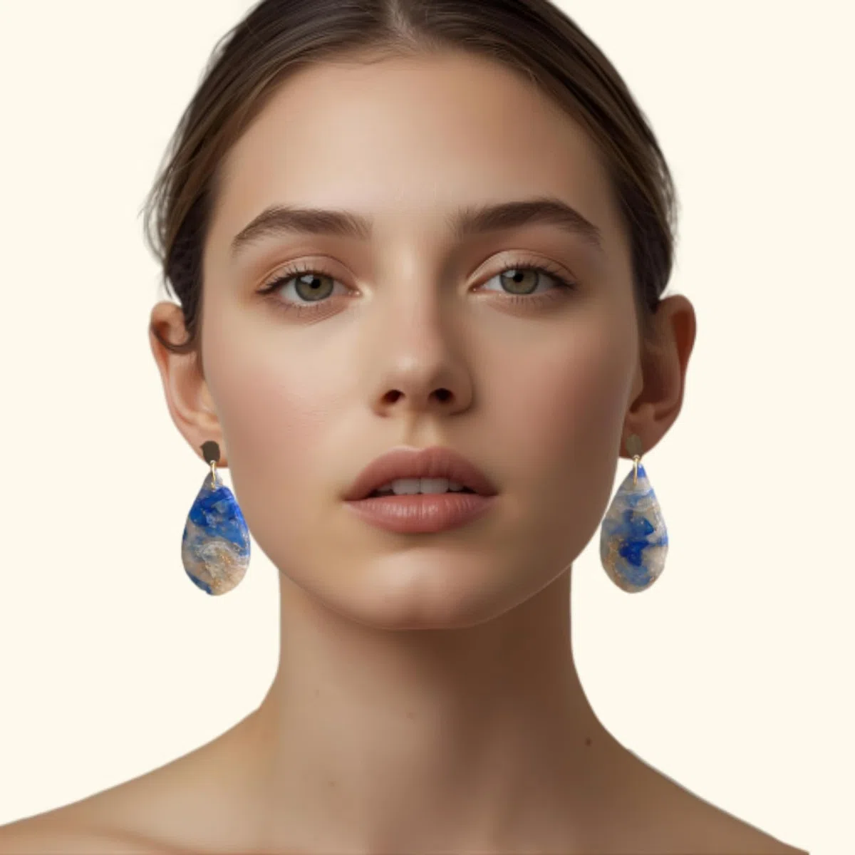 Pendientes Colgantes de Gota, Arcilla Polimérica Hecha a Mano, Azul Blanco Dorado Translúcido, 5cm x 2cm, Acero Inoxidable, Ligeros, Estilo Elegante