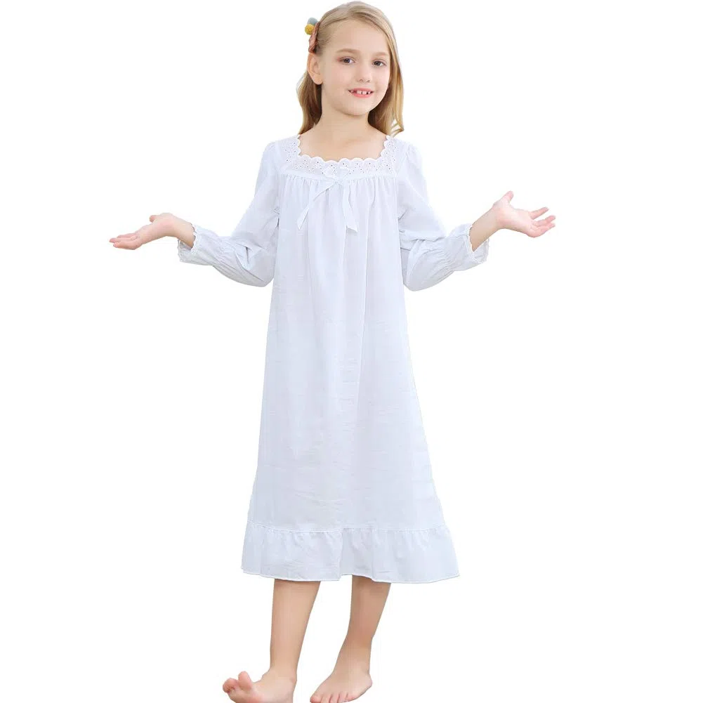 Niña Manga Larga Pijama de Algodón de Vestido de Noche Camisones para Niñas Blanco,90-150 Cm