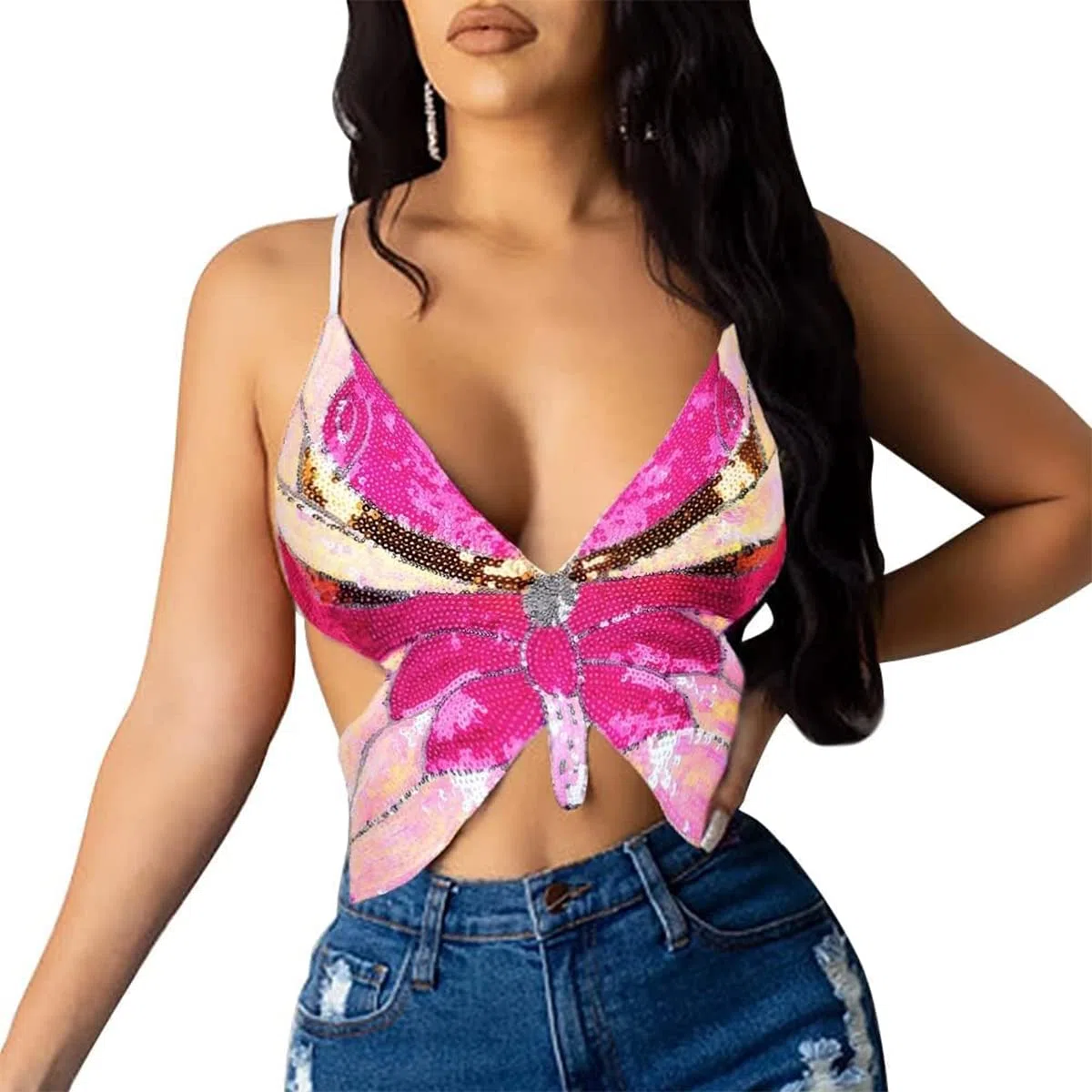 Top de baile del vientre para mujeres, camiseta de bandas de vendaje de lentejuelas de mariposa, Tubo sin espalda Tubo Tubrete Maneveless Vest para danza del vientre, danza latina, club de fiesta