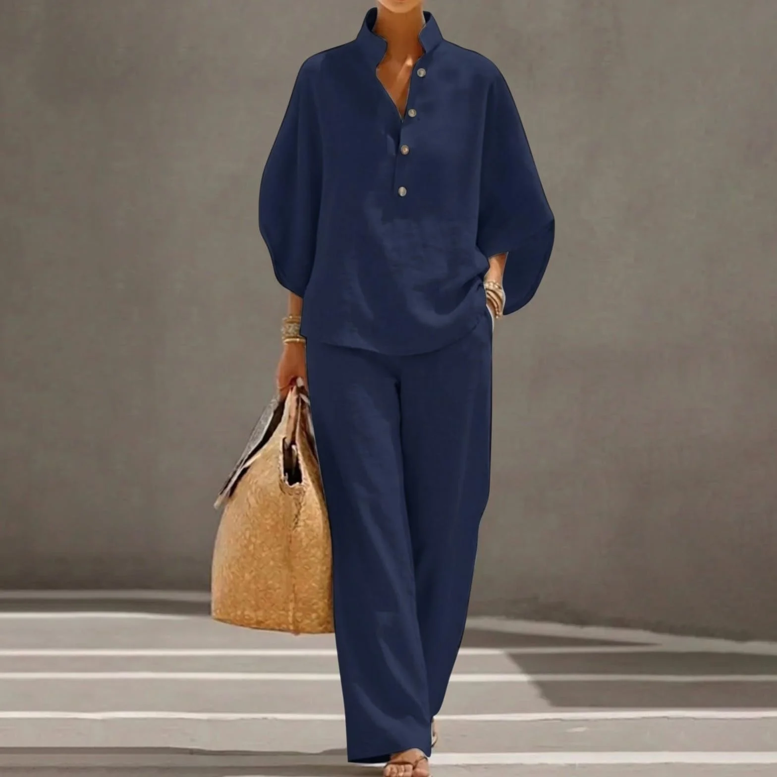 Summer Co Ord - Conjuntos de 2 piezas para mujer, ropa de algodón y lino, cuello en V, manga 3/4, pantalones de pierna ancha con bolsillo, conjuntos de ropa de descanso para mujer