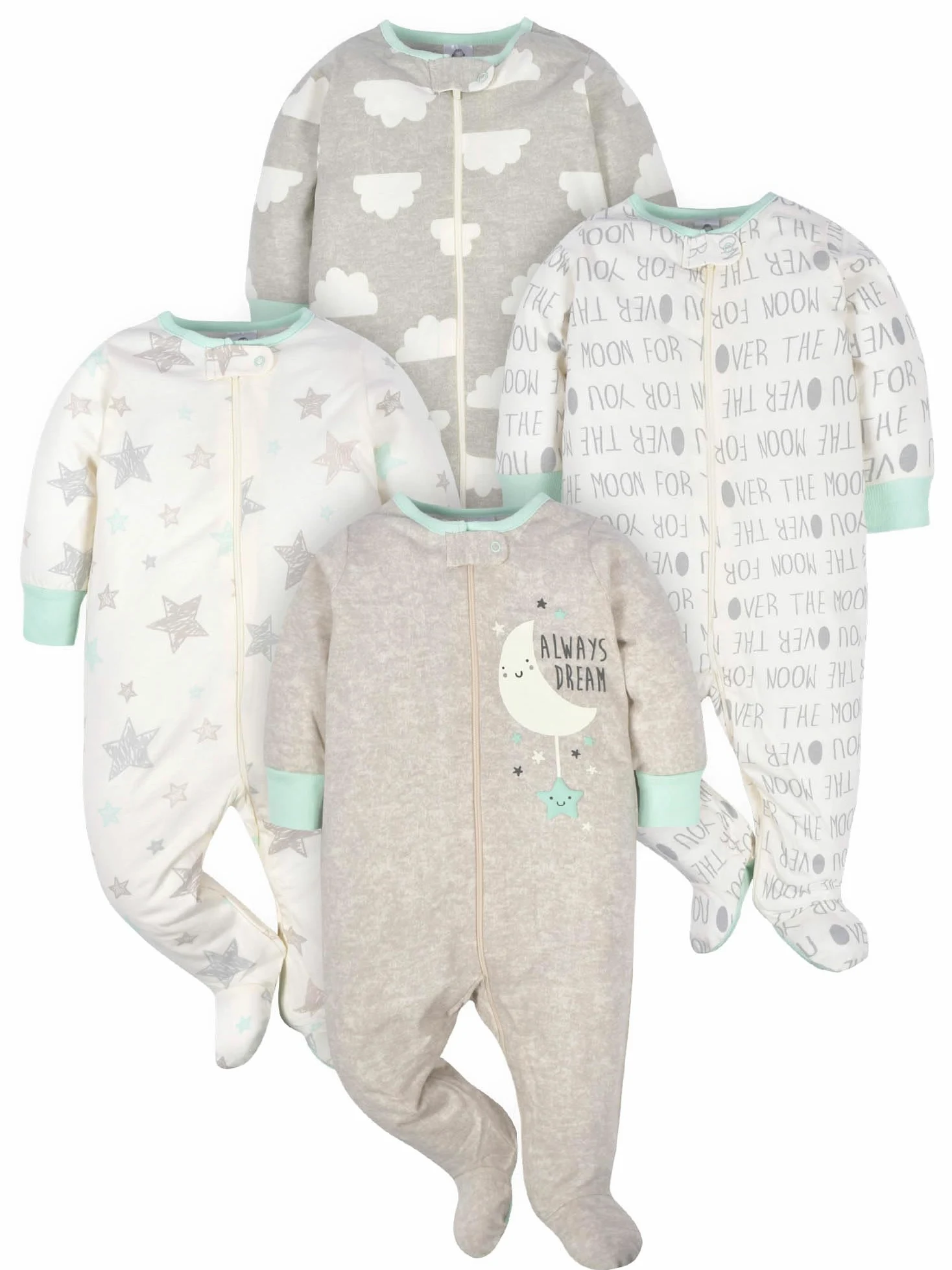 4 Pack Baby Boy or Girl Unisex Elephants Sleep N' Play with Mitten Cuffs