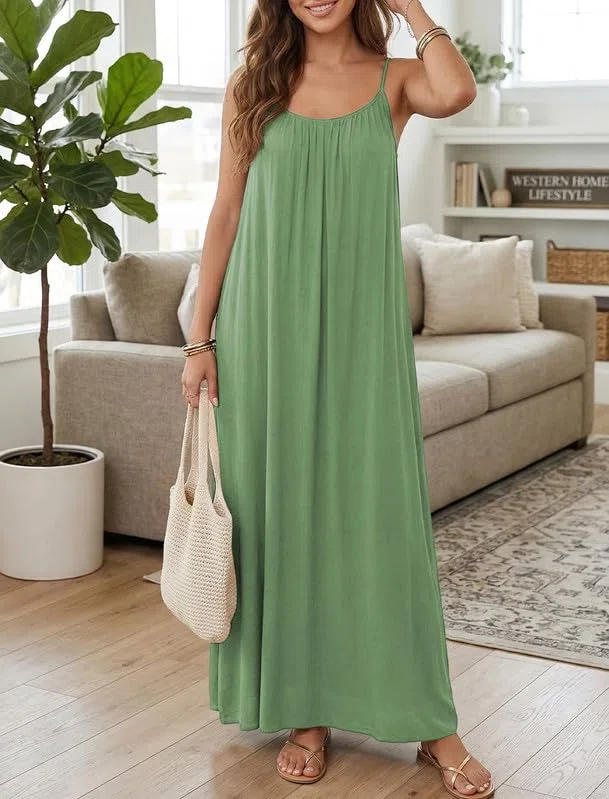Vestido Mujer Verano Vestidos Casual con Espalda Descubierta Elegante Escote Redondo Vestido Largo de Tirantes Finos Sin Manga Ligero Fresco Bohemio Vestidos Amplio para Playa Vacaciones