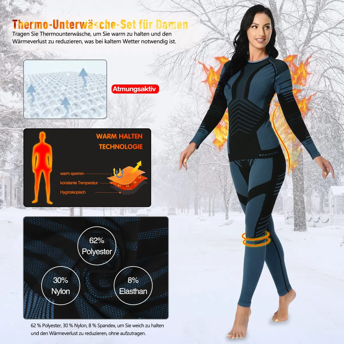 MEETYOO Conjunto de Ropa Interior para Mujer, con Capas Base de Forro Polar, Conjunto de Leggings Largos, Suave, Transpirable, de Secado rápido, Ropa Interior de esquí para Correr, esquí, Yoga
