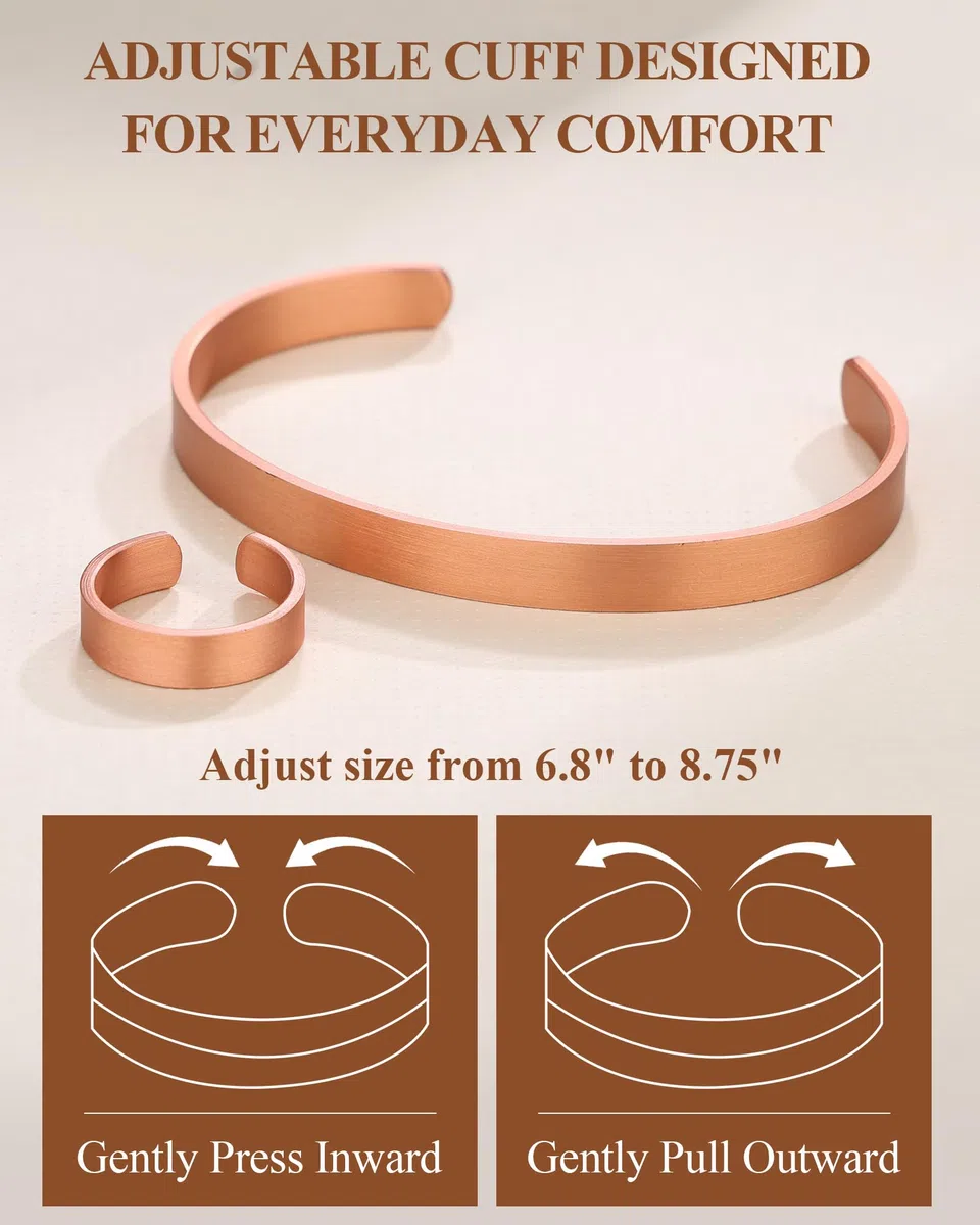 BioMag Pure Copper Bracelet and Ring Set – Copper Bracelet for Men & Women – 100% Solid, Raw & Uncoated Handmade Hammered Tibetan Cuff Bangle