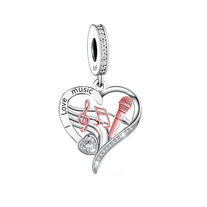 Abalorio de plata de ley 925 con texto en inglés "I Love Music" con forma de corazón, DJ, cantante, músico, artista, compatible con pulseras Pandora, Metal Plata de ley, No es una piedra preciosa