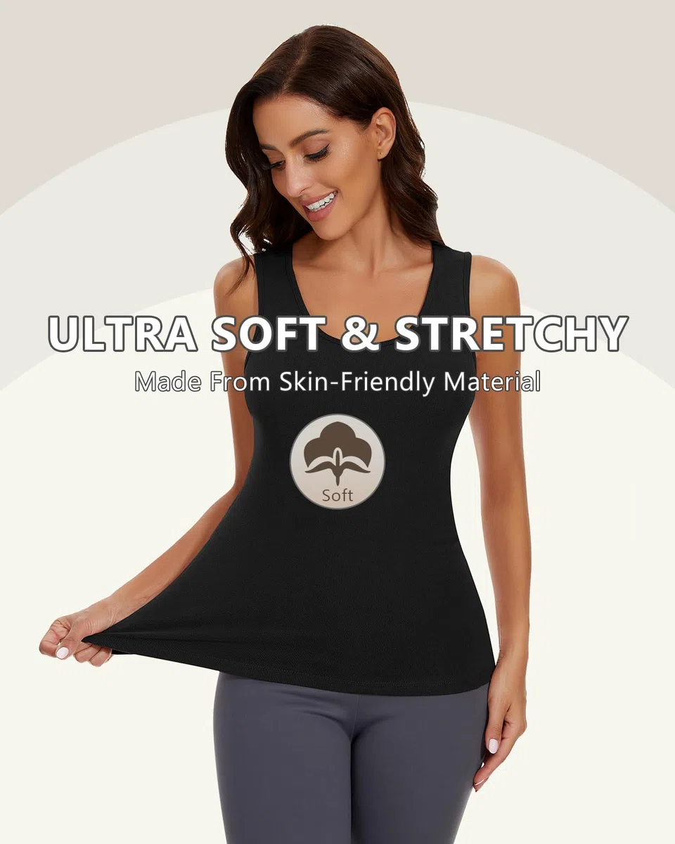 WOWENY Camiseta interior térmica para mujer, cálida, básica, para invierno, sin mangas, cuello en U, camiseta interior térmica, sin mangas
