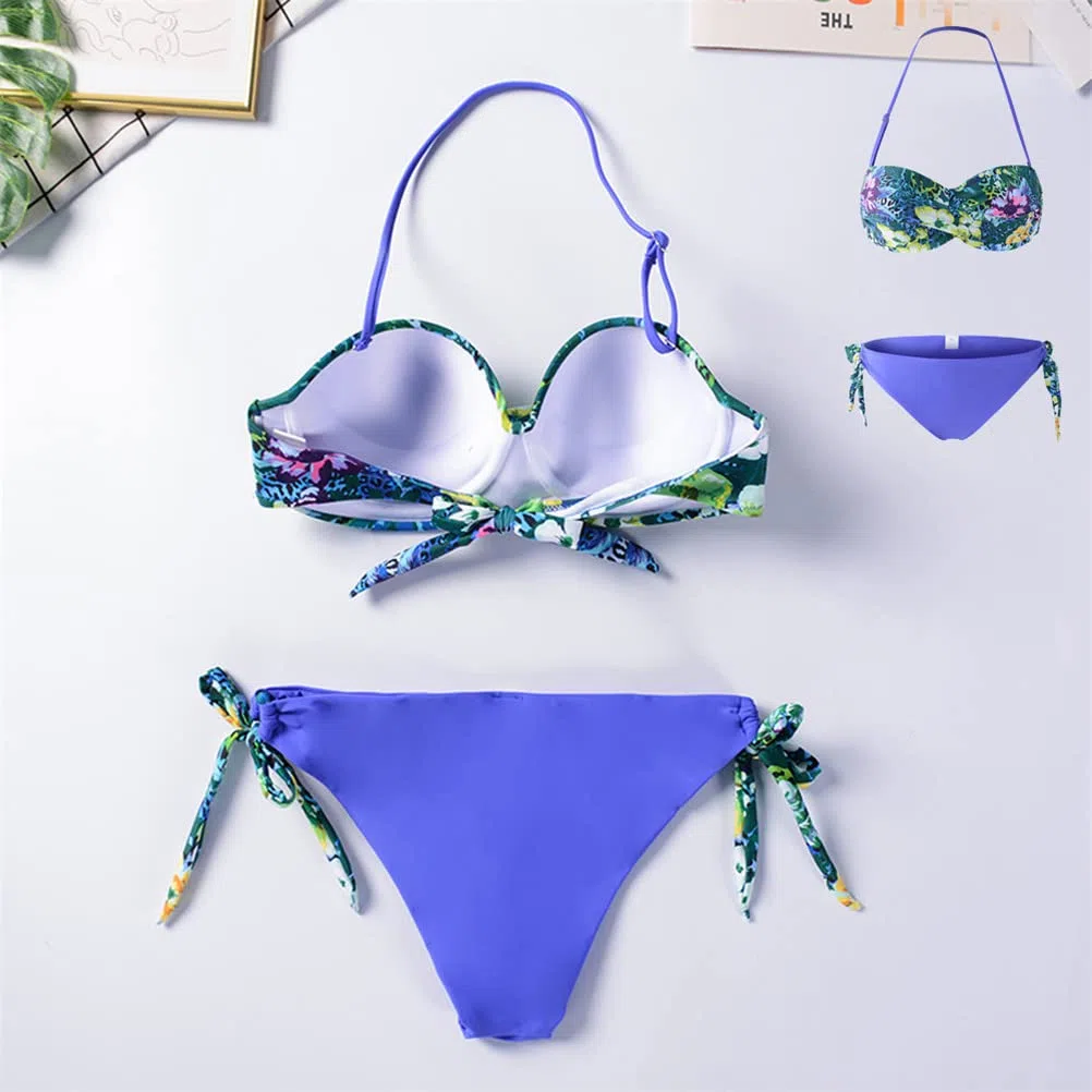 Yutdeng Conjuntos de Bikinis Mujer Push Up Bandeau Sin Tirantes Bikini Brasileño Tanga Trajes de Baño de Dos Piezas Estampado Floral Biquini Bañadores Mujer Natacion