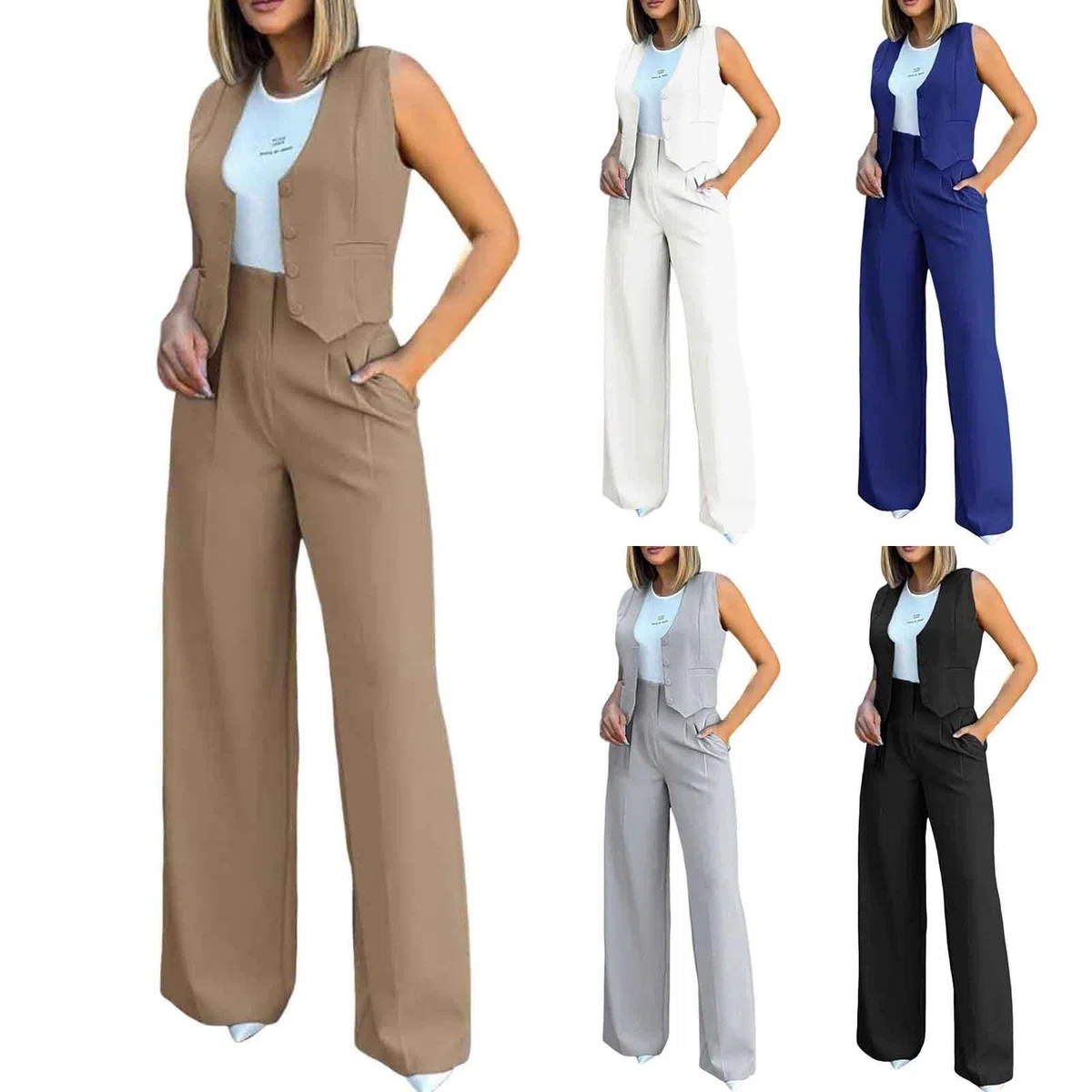 Elegante traje de pantalón para mujer con chaleco, cárdigan de tanque, para vestidos de noche elegantes de negocios, con piernas anchas, prácticos bolsillos