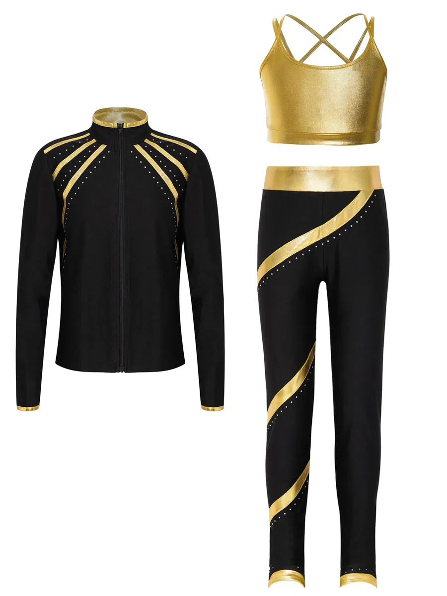 Ropa de patinaje artístico para niñas y niños, chándal metálico, sujetador deportivo, strass, chaqueta brillante, rayas, patchwork, leggings dancewear