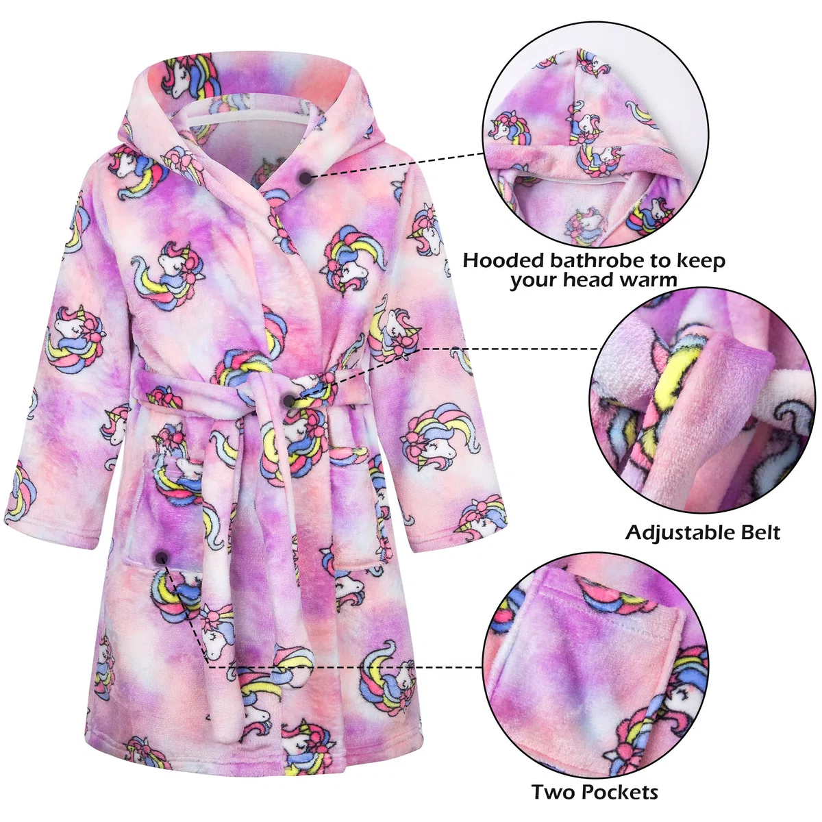 Albornoz Niña Ducha Rizo Bata de Baño con Capucha Casa Polar Suave Pijamas Caliente Franela Ropa de Dormir para Infantil 2-8 Años, Unicornio
