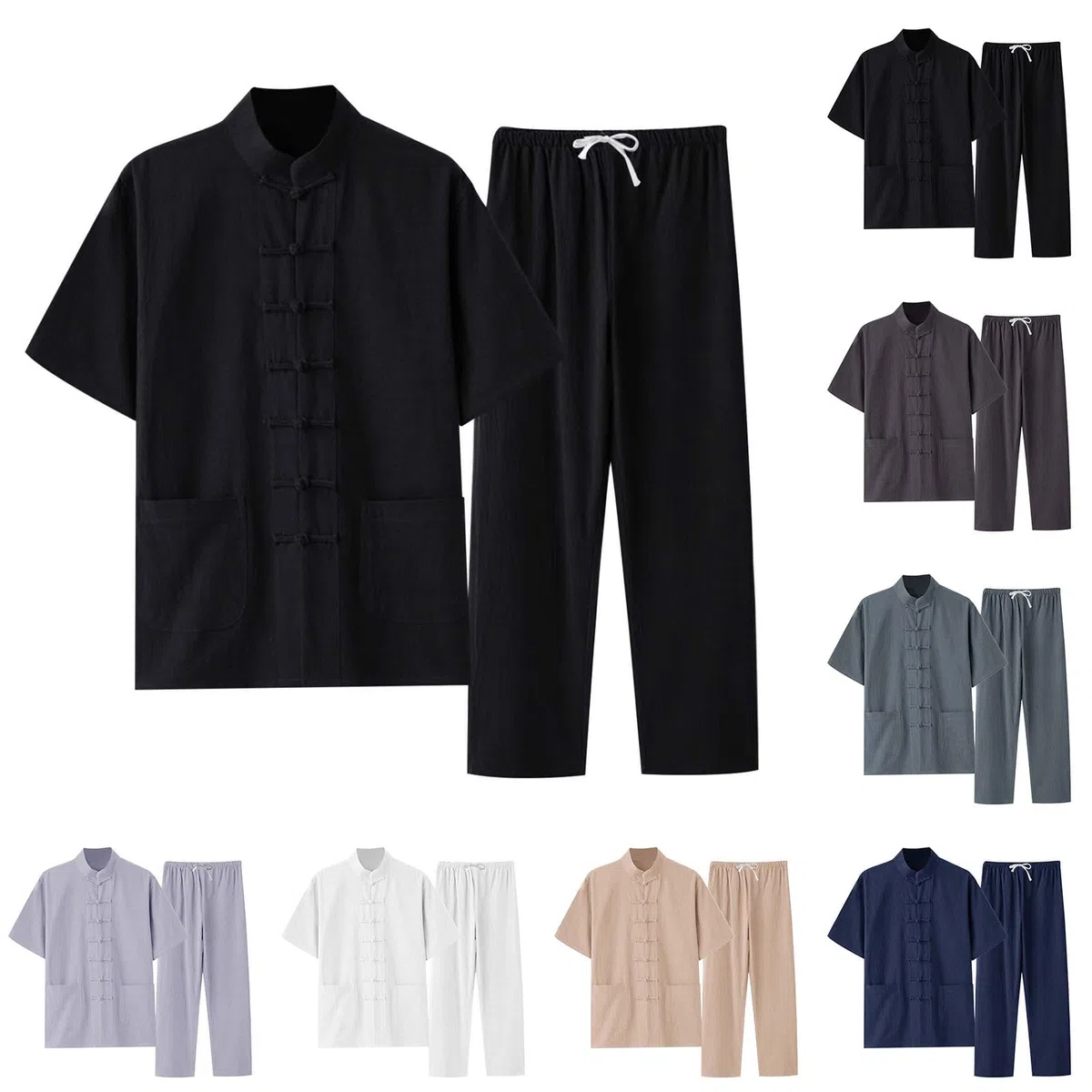 Traje de lino Ropa de Algodón Zen Meditación Tai Chi Uniforme Hombres Ropa Tradicional China Ropa Kung Fu Ropa Transpirable Tops Artes Marciales Conjunto Tang Traje Manga Corta Pantalones