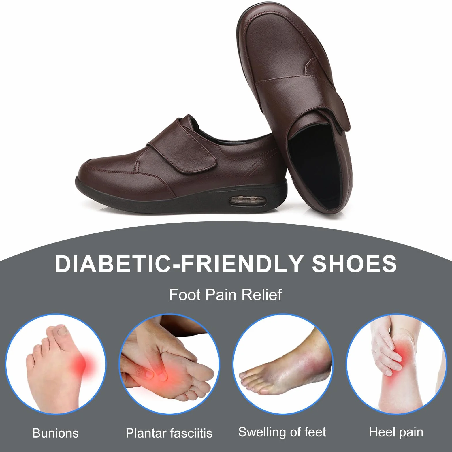 Zapatos para diabéticos, zapatos de cuero extra anchos para caminar, con cierre ajustable, antideslizantes, ligeros, ortopédicos, para ancianos, pies hinchados, pulgar, valgus, negro, 43 EU