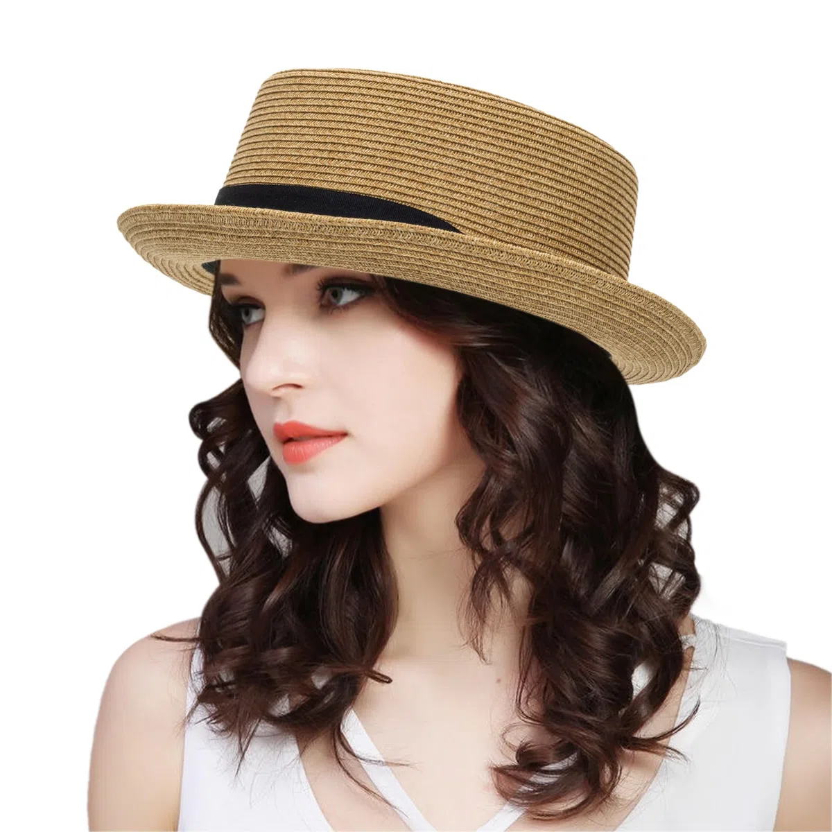 Sombrero clásico de paja de pastel de cerdo para mujeres y hombres, sombrero de verano con ala enrollable, sombrero de paja Fedora sombrero de playa con lazo