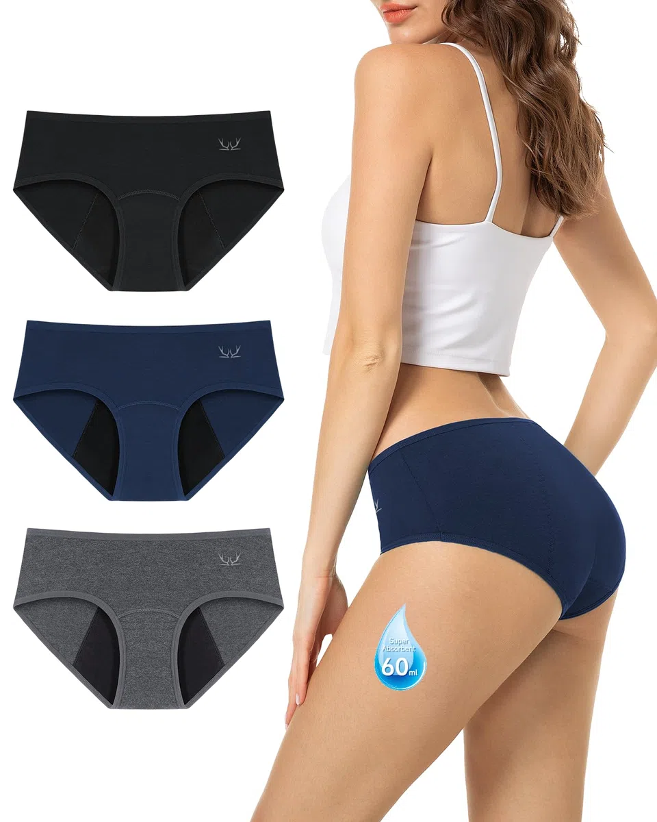TANSTC Bragas Menstruales Mujer Algodon 60ML, Menstruación Protección Hygiénia Absorbente y Lavable, Ropa Interior Mujer Ecológica y Reutilizable, Pack de 3