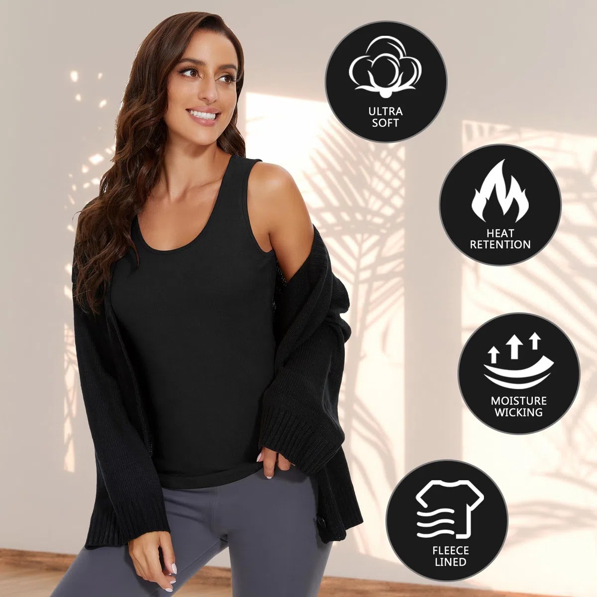 WOWENY Camiseta interior térmica para mujer, cálida, básica, para invierno, sin mangas, cuello en U, camiseta interior térmica, sin mangas