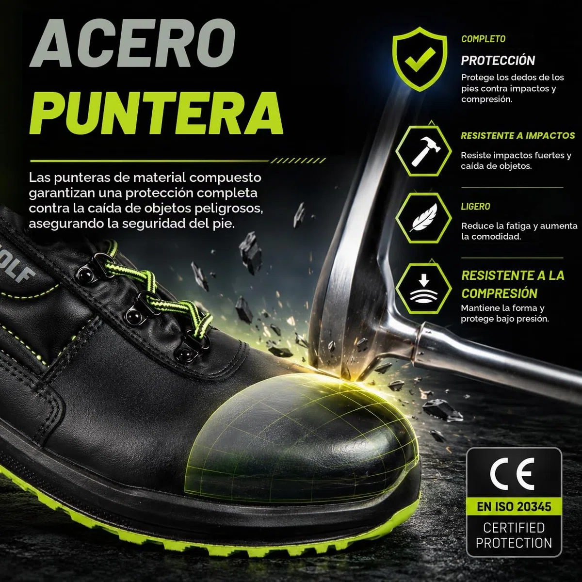 BWOLF SPYKE Zapatos de trabajo bajos S3 impermeables, resistentes al aceite, antideslizantes 4x4 Grip Tech, suela Ergo, Negro, 42 EU