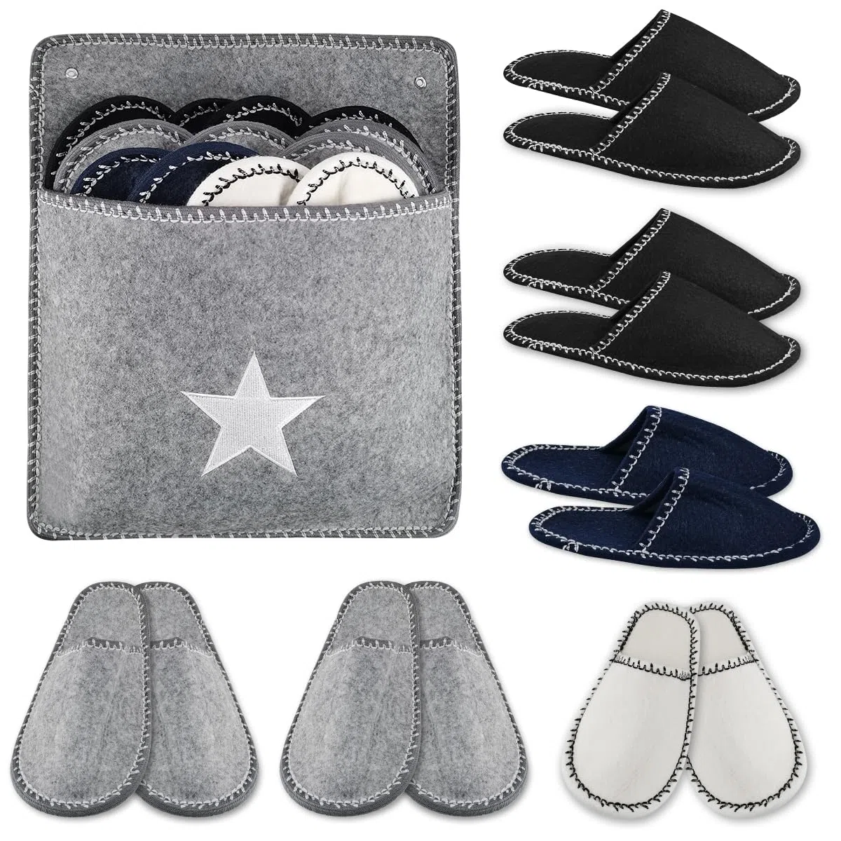 6 Pares Zapatillas Casa Invitados Fieltro Kit, Antideslizantes Hotel Pantuflas de Invitados, Unisex Zapatillas Invitados Casa, con Bolsa de Almacenamiento, para Hogar, Viajes, Hotel, Baño