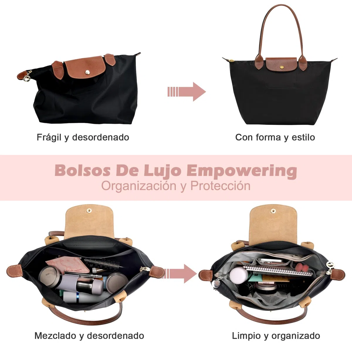 GADITIEK Organizador Bolsos, Organizador De Bolsos Poliéster con Llavero, Organizador Bolsos De Mujer para Bolsos Longchamp Le Pliage l,y Más... Tote Bag Organizer (Beige, L)