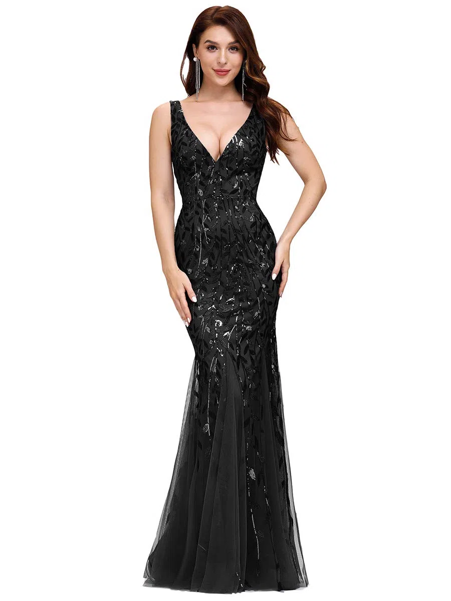 Ever-Pretty Vestidos de Fiesta Sirena sin Mangas Cuello en V Lentejuelas Tul Corte Imperio para Mujer 07886