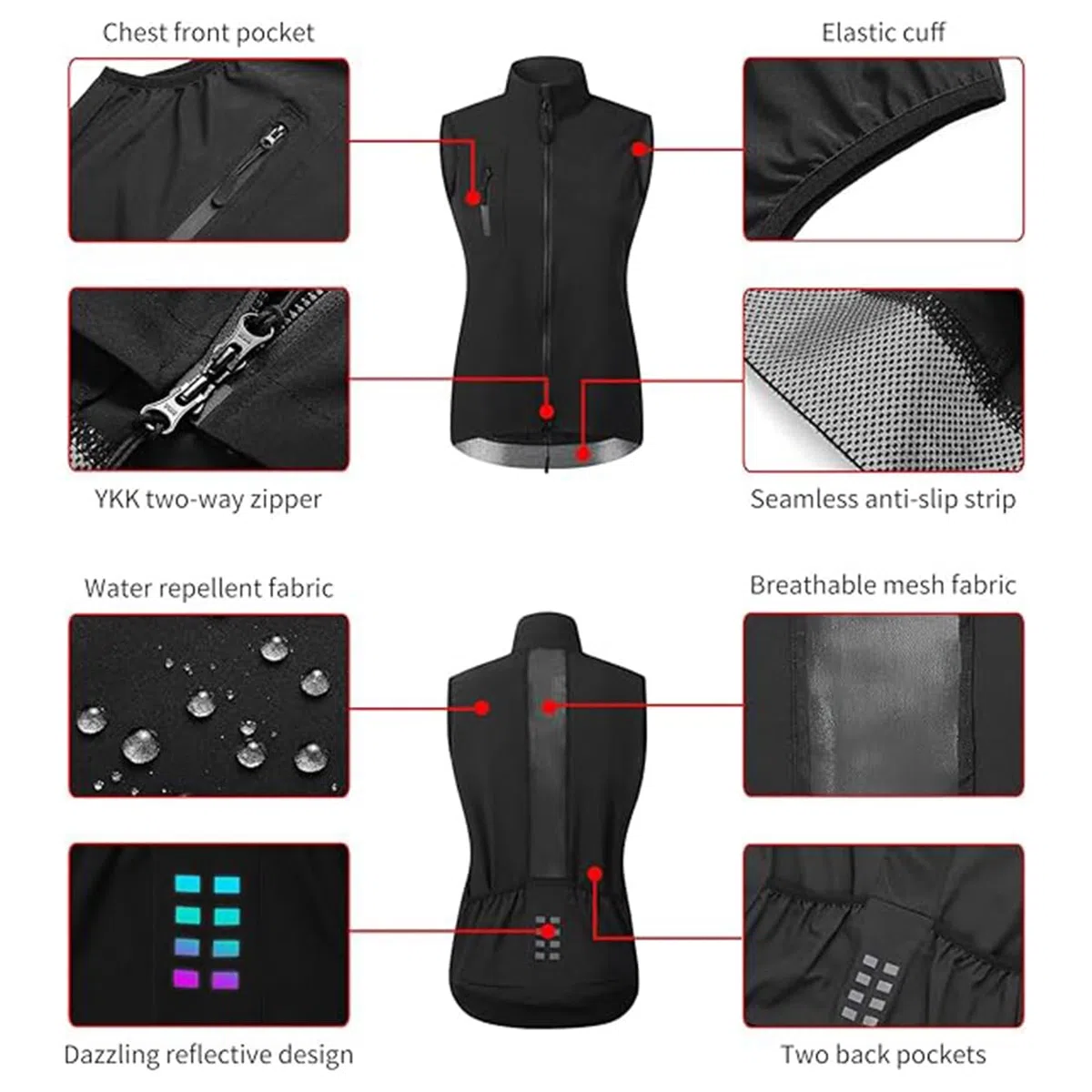 Chaleco Ciclismo para Mujer, Chaleco sin Mangas a Prueba Viento, Cuello Alto, Chaleco Ligero para Correr, Chaleco de Ciclismo, Chaleco de Viento a Prueba Viento,Black-XS