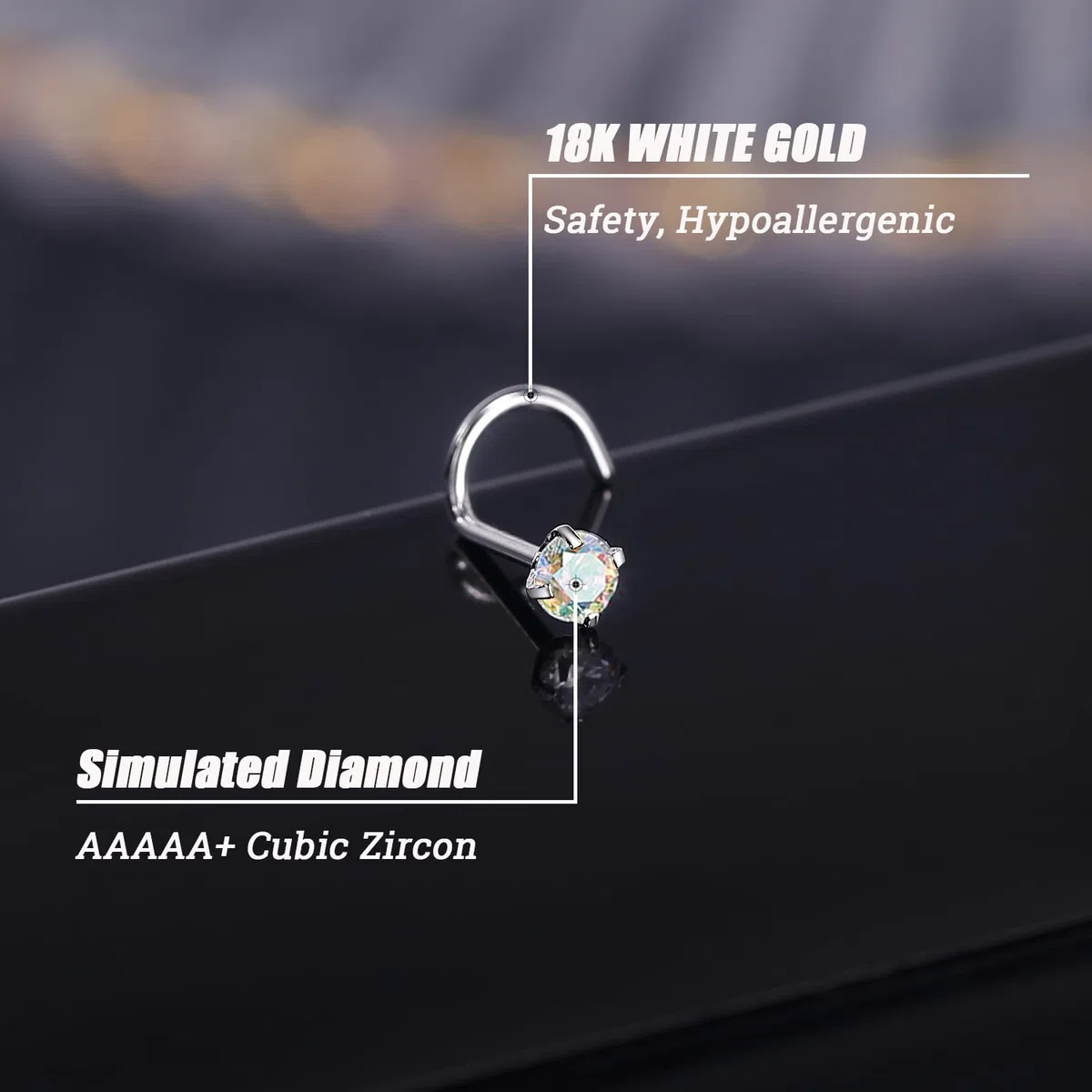 ZS 18K Oro Real 20G Nariz Anillo para Mujeres Hombres, 1.5mm 2mm 3mm CZ Diamante Simulado, Sólido 7mm Piercing Nariz Stud Joyas para el Cuerpo