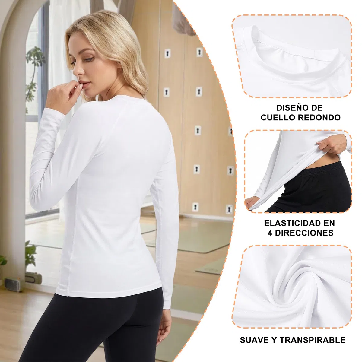 NuCamper Pack de 4 Camisetas Térmicas para Mujer Camiseta Cuello Redondo Mujer Manga Larga Basica Ropa Interior Ligera Termica Tops Elegante Elástica Suaves Ajustada T Shirts para Otoño e Invierno