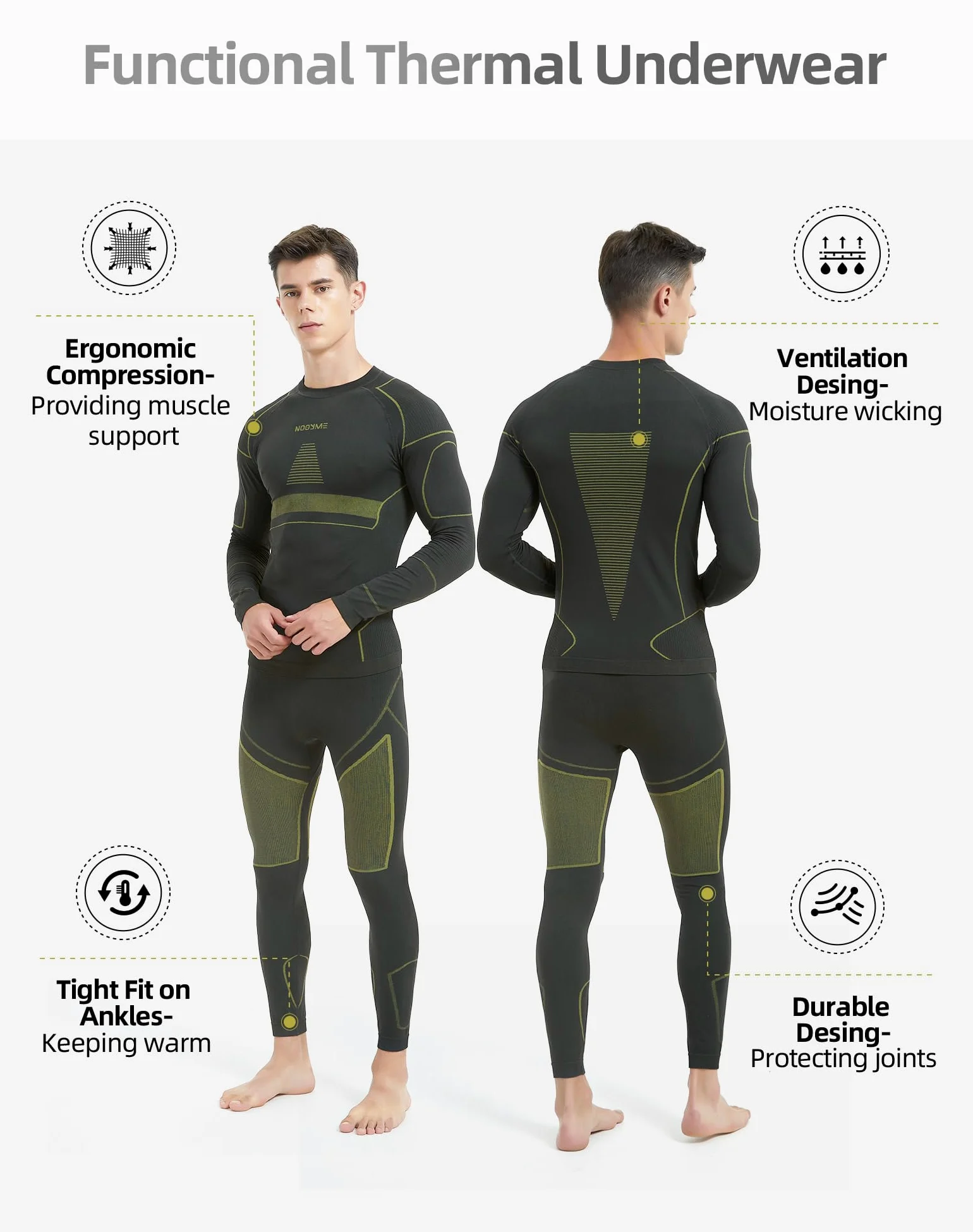 NOOYME Ropa Interior Térmica Hombre Conjuntos Térmicos para Hombre Camiseta Térmica Hombre Ropa Interior de Esquí Hombres Ropa Interior Funcional Ropa Interior Térmica de Invierno para Hombre